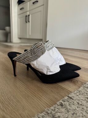 Aquazzura Black Crystal-Embellished Pointed-Toe Mule Heels